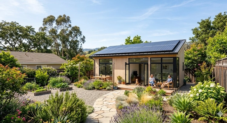 Net zero ADU cost Bay Area construction site showing solar panels and energy-efficient framing