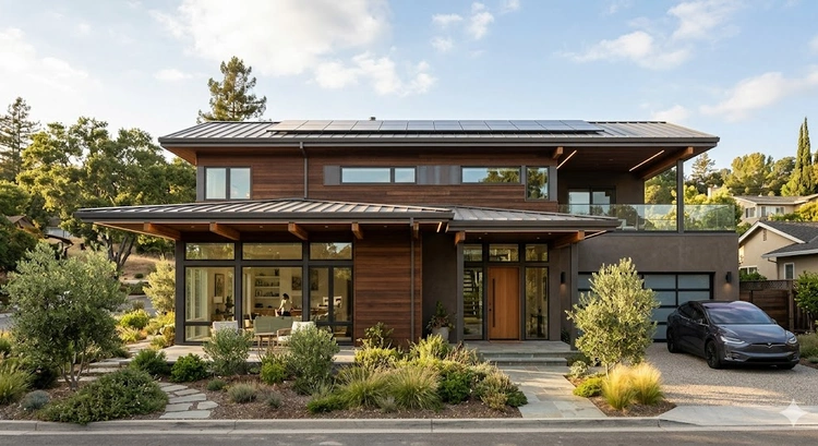 Passive house design San Jose custom home with high-performance envelope and shaded windows