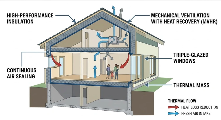 Infographic showing the five passive house design principles applied to a San Jose custom home cross-section