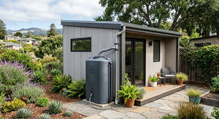 Rainwater harvesting system installed alongside a Bay Area ADU with underground cistern and first-flush diverter