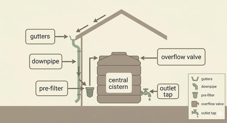 Infographic showing the components of a complete rainwater harvesting system for a Bay Area ADU from roof to reuse