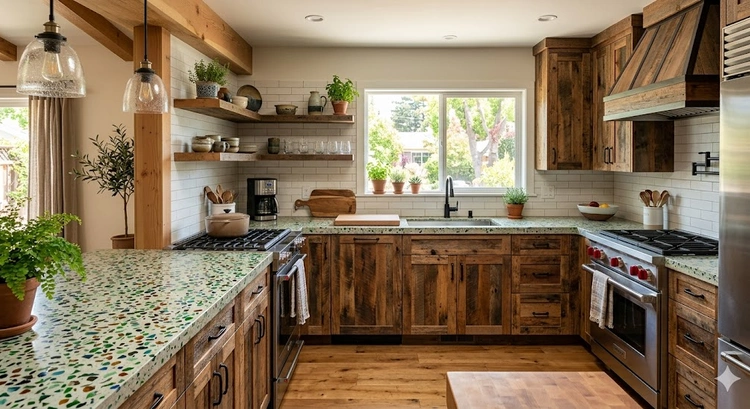 Reclaimed building materials San Jose remodel featuring salvaged wood beams and recycled metal fixtures