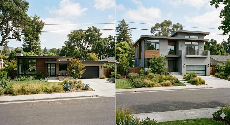 Side-by-side rendering of a single story vs two story custom home on a typical Bay Area residential lot