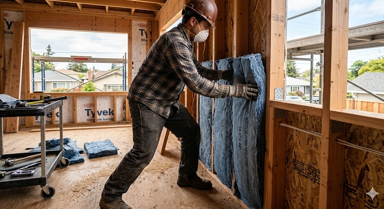Sustainable insulation materials being installed in a Bay Area home addition wall cavity