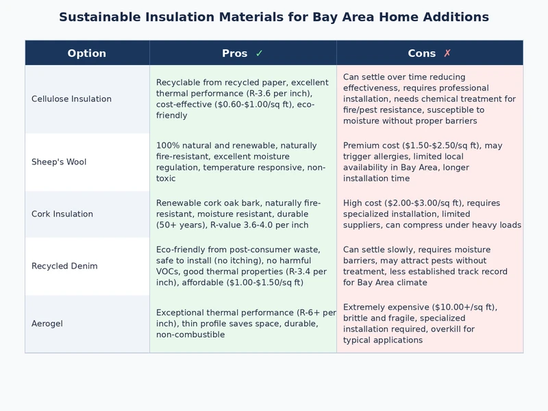 Comparison table showing fire resistance, moisture tolerance, and sound rating of sustainable insulation materials