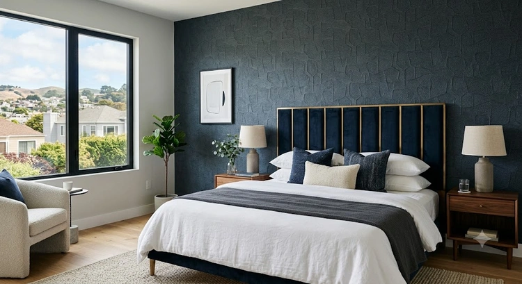 Accent wall ideas cost comparison showing textured plaster and wood slat panel finishes in Bay Area living room