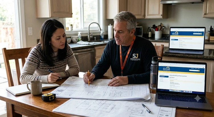 ADU permit San Jose process overview showing a detached accessory dwelling unit under construction in a residential backyard