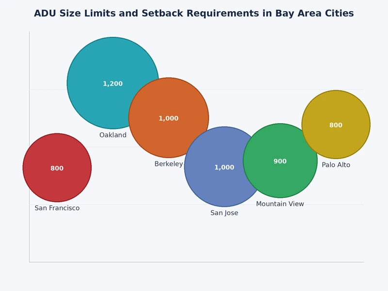 Bar chart comparing ADU size limits across Bay Area cities including San Jose, Oakland, San Francisco, and Palo Alto