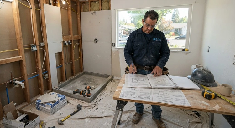 Bathroom remodel permit San Jose process — inspector reviewing residential plans