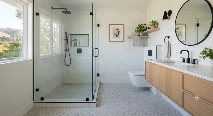 Modern bathroom tile ideas for Bay Area home remodel featuring large-format porcelain and mosaic accent strips