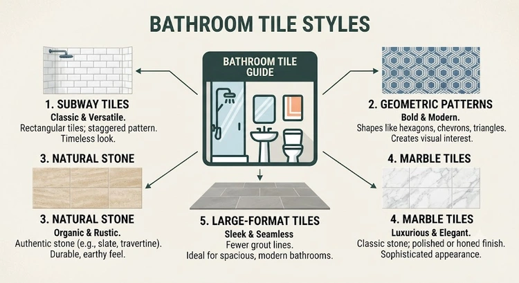 Infographic comparing bathroom tile material types, water absorption rates, and installed cost ranges for Bay Area remodels