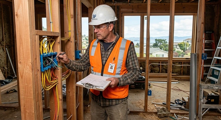 Building inspection checklist California — inspector reviewing rough framing on a Bay Area construction project