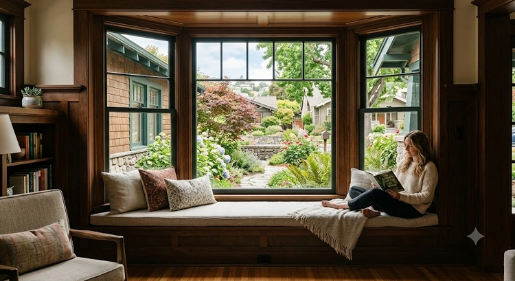 Bay window installation cost Bay Area home with wood-clad bay window projection