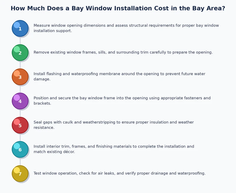Bay window installation process diagram showing framing, roofing, and glazing sequence for Bay Area homes