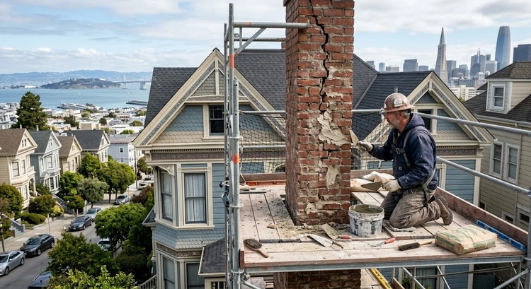 chimney repair cost Bay Area — masonry chimney on a Bay Area home requiring professional repointing and crown repair