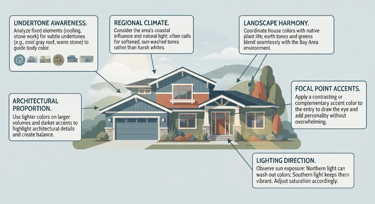 Infografía que compara cuatro estilos de paletas de colores interiores para hogares del Área de la Bahía, incluyendo neutral cálido, contemporáneo frío, orgánico terroso y declaración atrevida