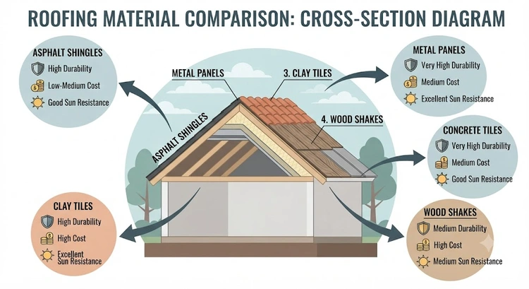 Infographic summarizing best roofing material San Jose selection factors including fire zone, pitch, and climate zone