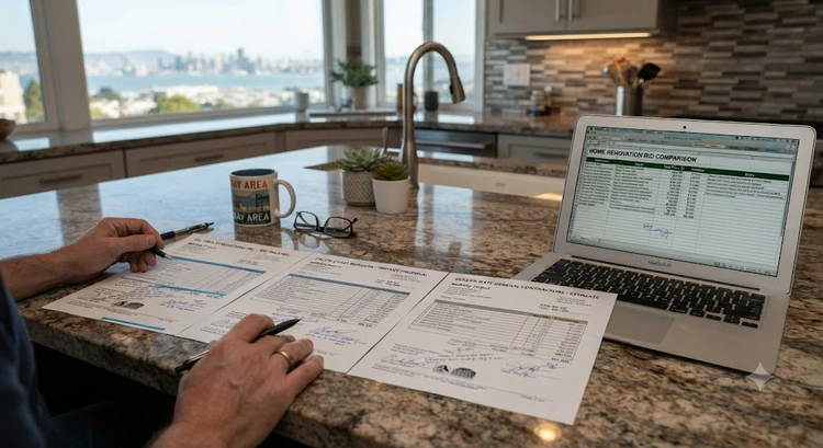 Three contractor bid documents spread on a table for kitchen remodel comparison in the Bay Area