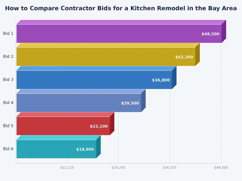 Bar chart breaking down three Bay Area kitchen remodel contractor bids by cost category including labor, materials, and permits