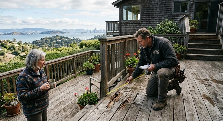 Reparación vs reemplazo de terraza en el Área de la Bahía — tablas de terraza deterioradas que muestran putrefacción, corrosión y daño estructural