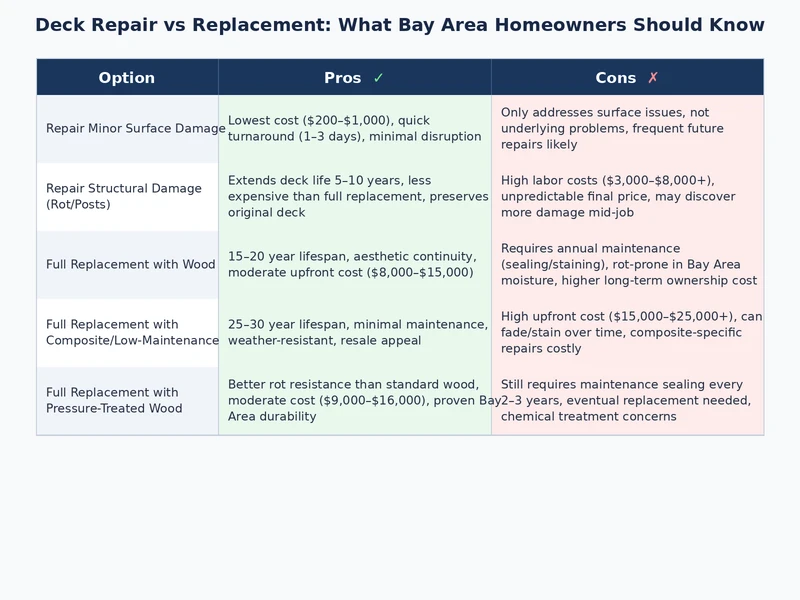 Diagrama de comparación de costos y decisiones de reparación vs reemplazo de terrazas en el Área de la Bahía