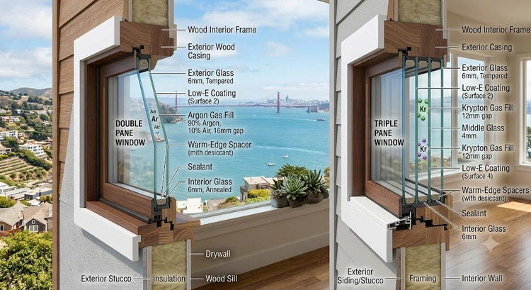 Double pane vs triple pane windows side by side for Bay Area homeowners comparing glass layers and performance