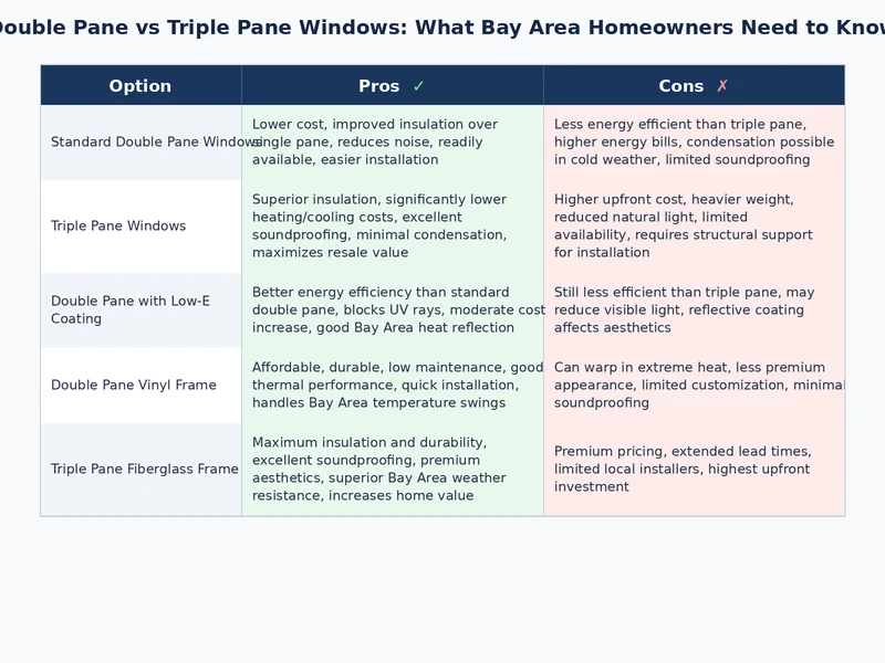 Double pane vs triple pane window performance comparison showing U-factor, cost, and noise ratings for Bay Area homes