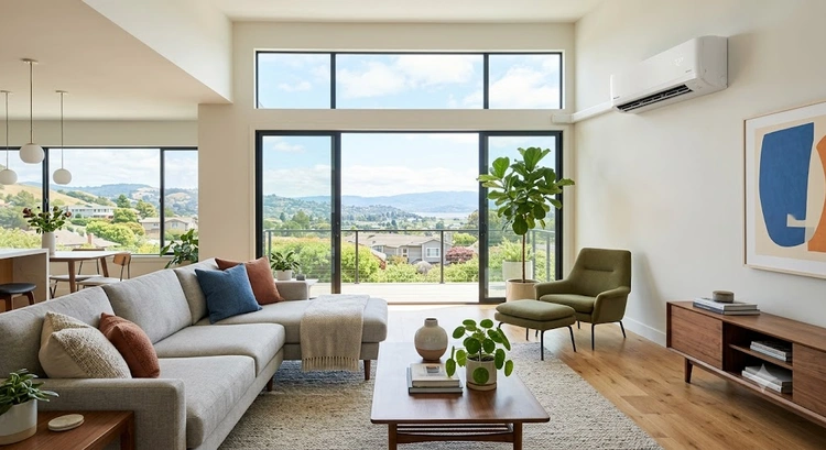 Ductless mini split indoor air handler mounted on wall in Bay Area home remodel