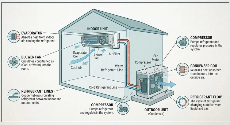Infographic showing ductless mini split system components and installation layout for Bay Area homes