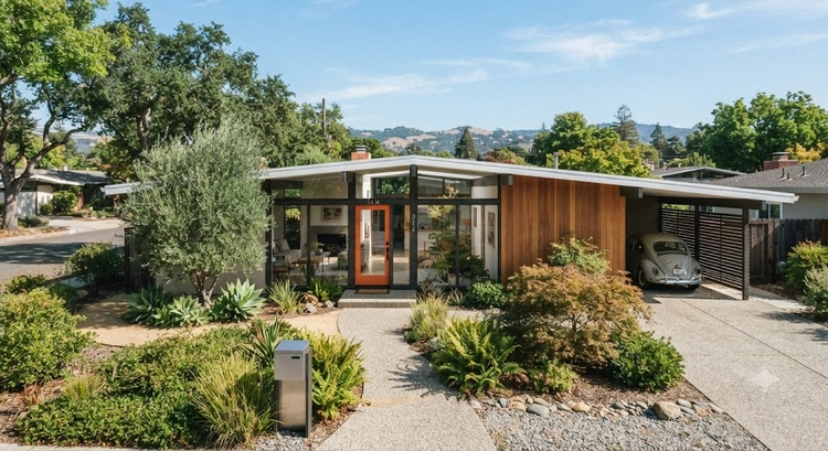 Eichler home restoration ideas: mid-century modern post-and-beam home in San Jose with restored mahogany paneling and clerestory windows