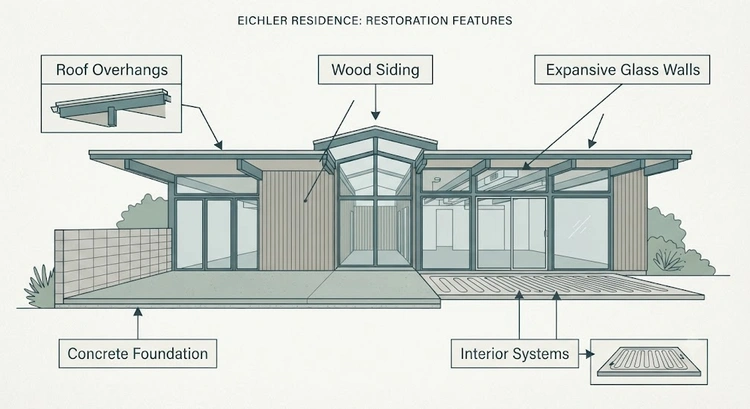 Eichler home restoration ideas infographic showing cost breakdown, maintenance schedule, and priority upgrade sequence for San Jose mid-century modern homes