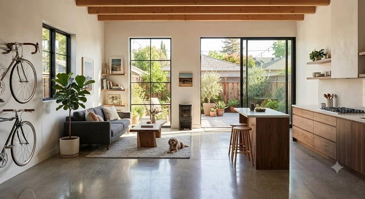 Garage conversion cost San Jose - finished ADU studio interior with kitchen and living space in Santa Clara County