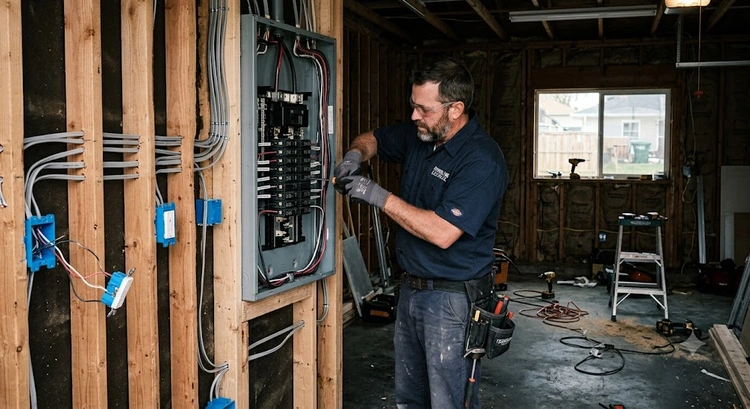 Licensed electrician completing panel upgrade for garage conversion electrical requirements in San Jose