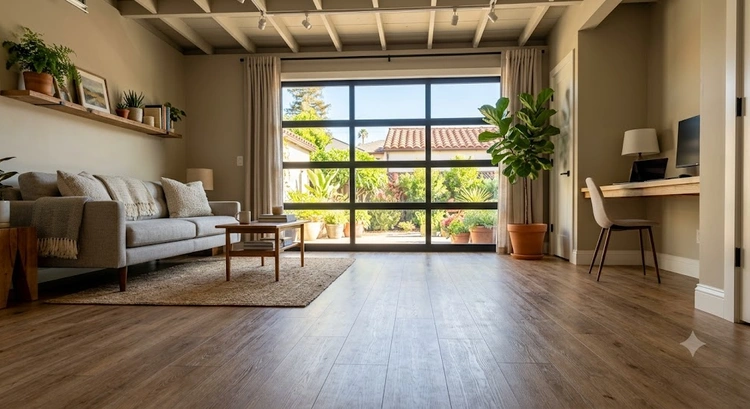 garage conversion flooring options in Bay Area home showing epoxy coating and luxury vinyl plank side by side