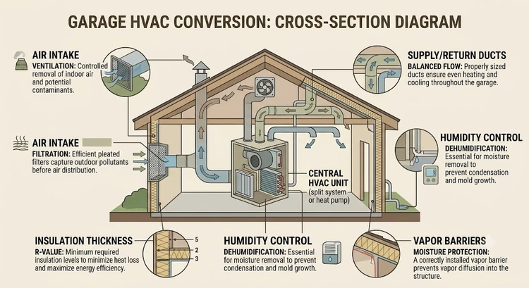 Infographic of garage conversion HVAC ventilation components and Bay Area climate zone strategy