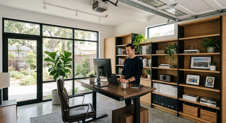 Finished garage to home office conversion in San Jose with built-in workstation and recessed lighting