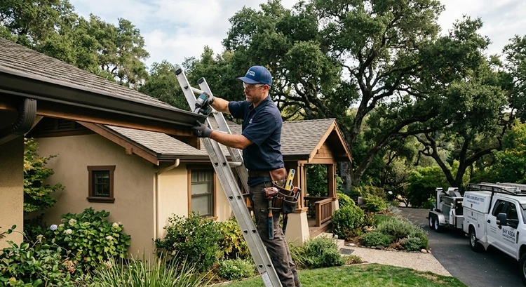 Gutter installation cost Bay Area — seamless aluminum gutters installed on a Bay Area residential home