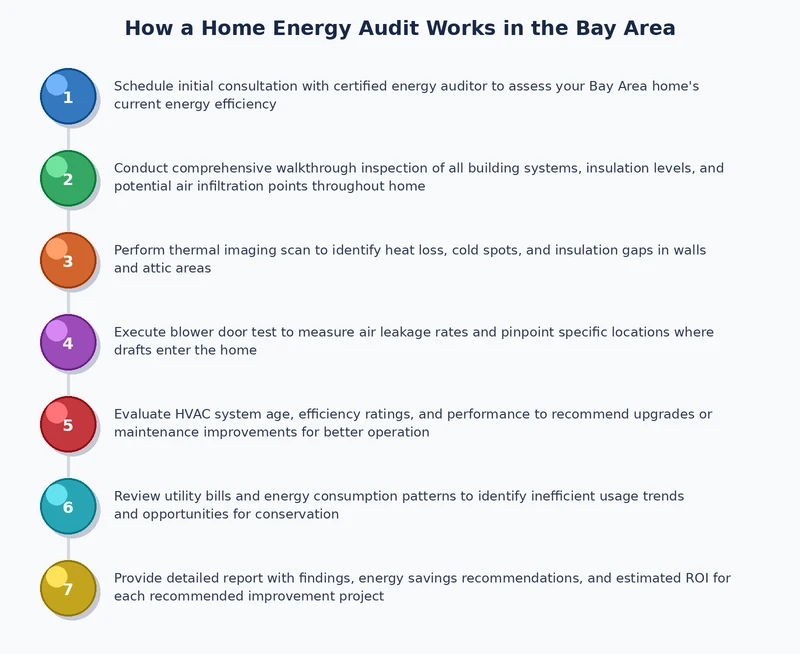 Home energy audit Bay Area process diagram showing blower door, thermal imaging, and report steps