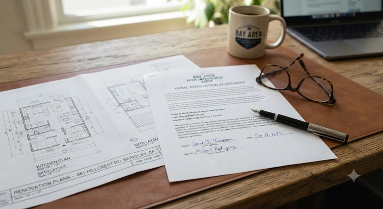 Home renovation contract checklist documents spread on a table for Bay Area homeowners