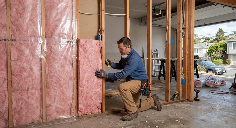 how to insulate a garage conversion showing fiberglass batt installation in Bay Area wall cavities