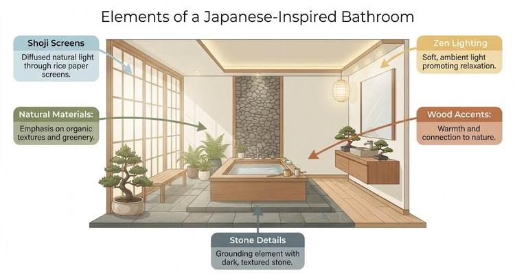 Infographic showing Japanese bathroom design elements, layout options, and material choices for Bay Area remodels