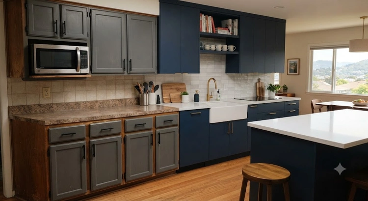 Kitchen cabinet refacing vs replacing cost comparison in a Bay Area kitchen remodel by 9Builders