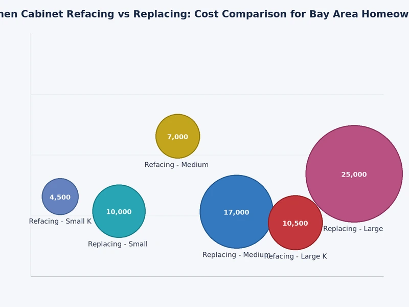 Bar chart comparing cabinet refacing vs replacing cost ranges across Bay Area cities