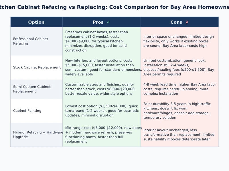 Side-by-side visual comparison of refaced kitchen cabinets versus fully replaced cabinets in Bay Area homes