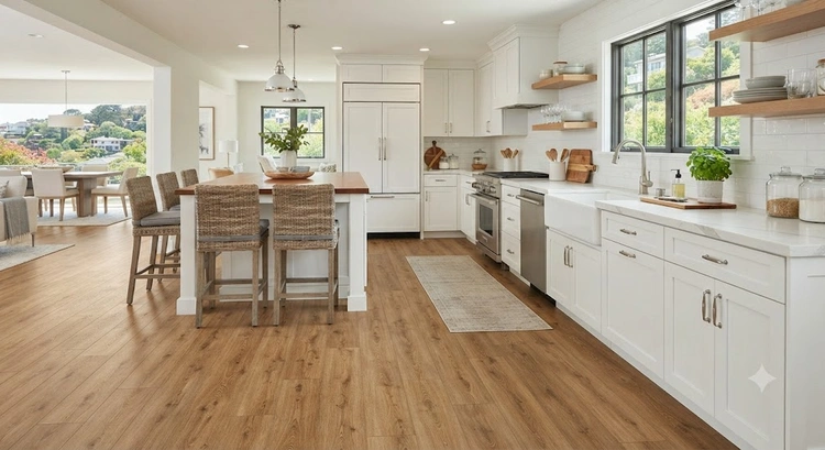 Best kitchen flooring options installed in a Bay Area home kitchen with porcelain tile and wood-look luxury vinyl