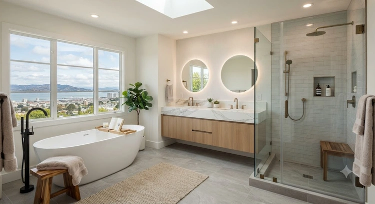 Ideas para remodelar el baño principal con ducha de acceso directo y tocador doble en una casa del Área de la Bahía