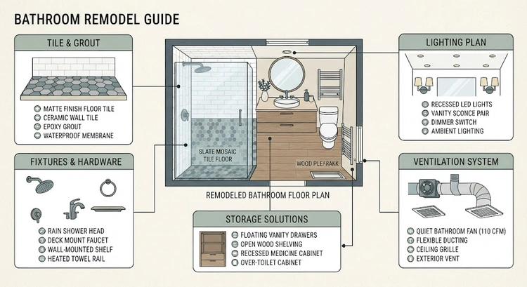 Infografía que compara el alcance de una renovación cosmética versus una renovación completa para ideas de remodelación de baño principal en el Área de la Bahía