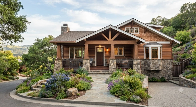 Modern craftsman style home design with tapered columns, wide covered porch, and wood shingle gable accents on a Bay Area new build