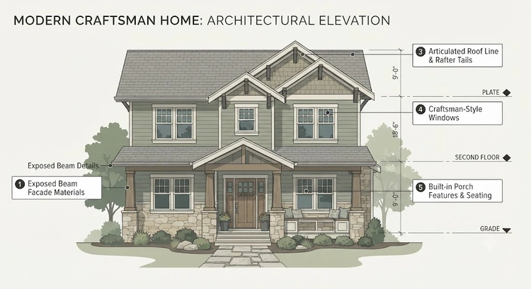 Infographic of modern craftsman style home design elements including porch proportions, roofline details, and interior built-in millwork for Bay Area new construction