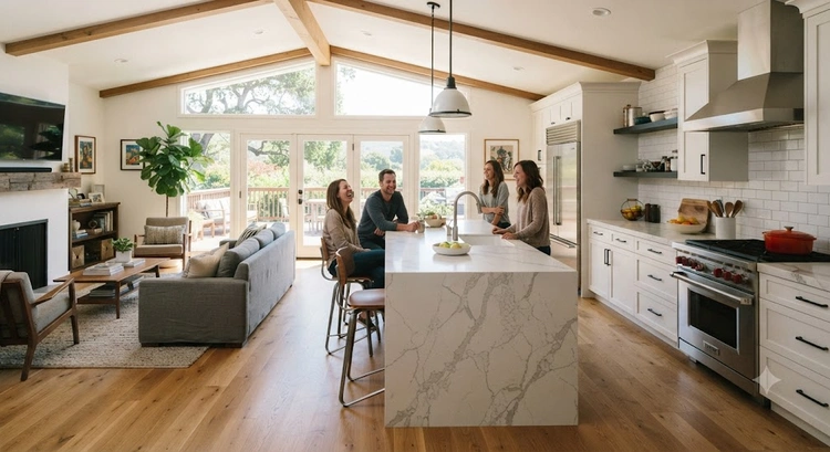 open concept kitchen remodel in Bay Area home with white island cabinetry and open dining sightlines